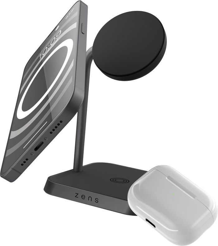 ZENS 2-in-1 MagSafe and Qi2 Wireless Charger 15W with Stand Black product in use