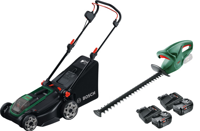 Bosch Rotak 18V2-43 + Bosch EasyHedgeCut 18-45 Li + Bosch Starter Set 18V 4.0 Ah (2x) Main Image