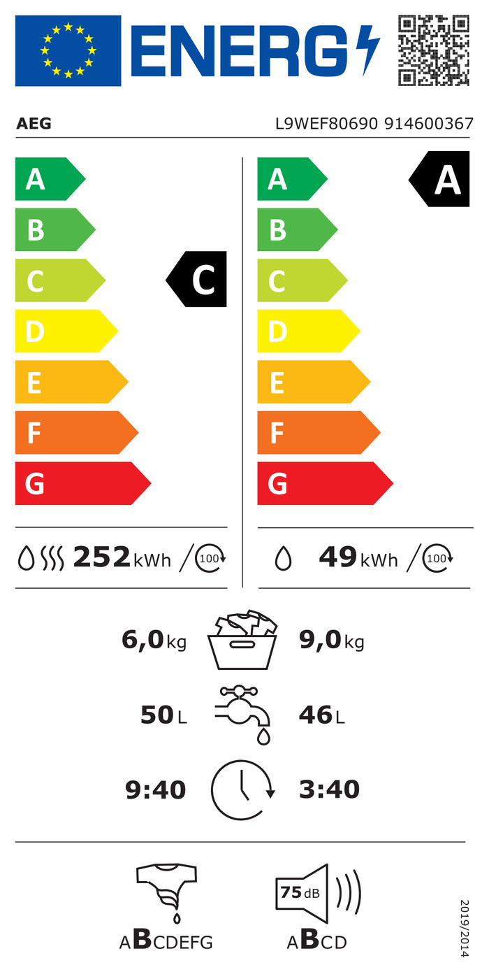 AEG L9WEF80690 - 9/6 kg energielabel