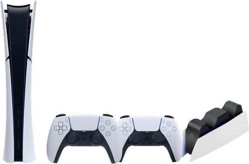 PlayStation 5 Slim Digital Edition + Extra Controller White + BlueBuilt Charging Dock Main Image