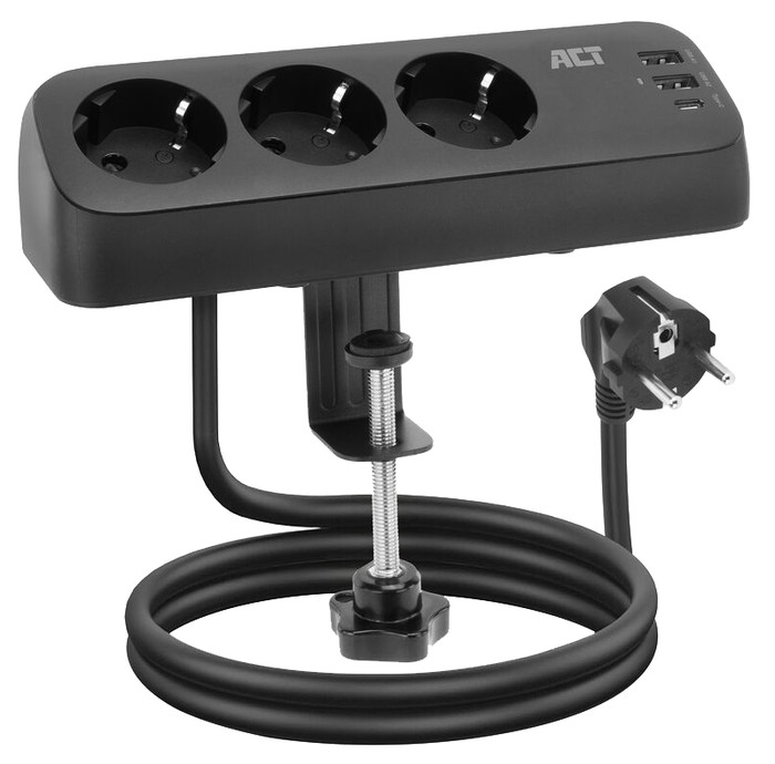 ACT AC2480 Desk Power Strip 3-way 1.5m 3x USB 30W Black Main Image