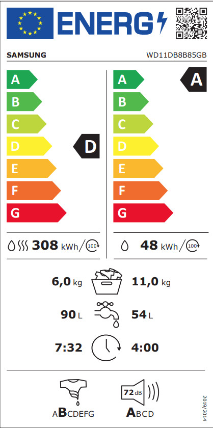 Samsung WD11DB8B85GB QuickDrive - 11/6kg energy label