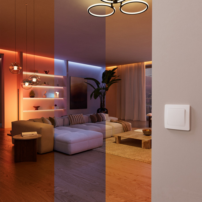 Philips Hue Kabelgebundenes Wandschaltermodul für Smart-Lampen Doppelpack produkt in gebrauch