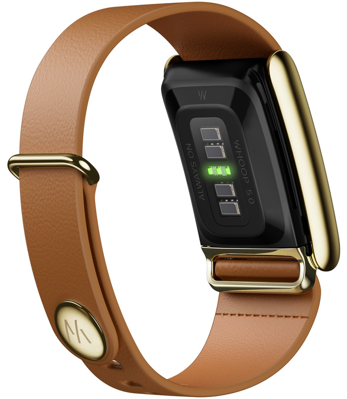 WHOOP 5.0 LeatherLuxe Tapered Band Braun/Gold S/M produkt in gebrauch