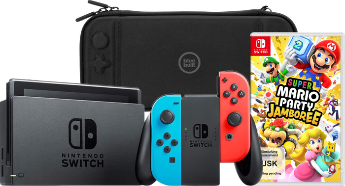 Nintendo Switch Red/Blue + Mario Party Jamboree + BlueBuilt Travel Case Main Image