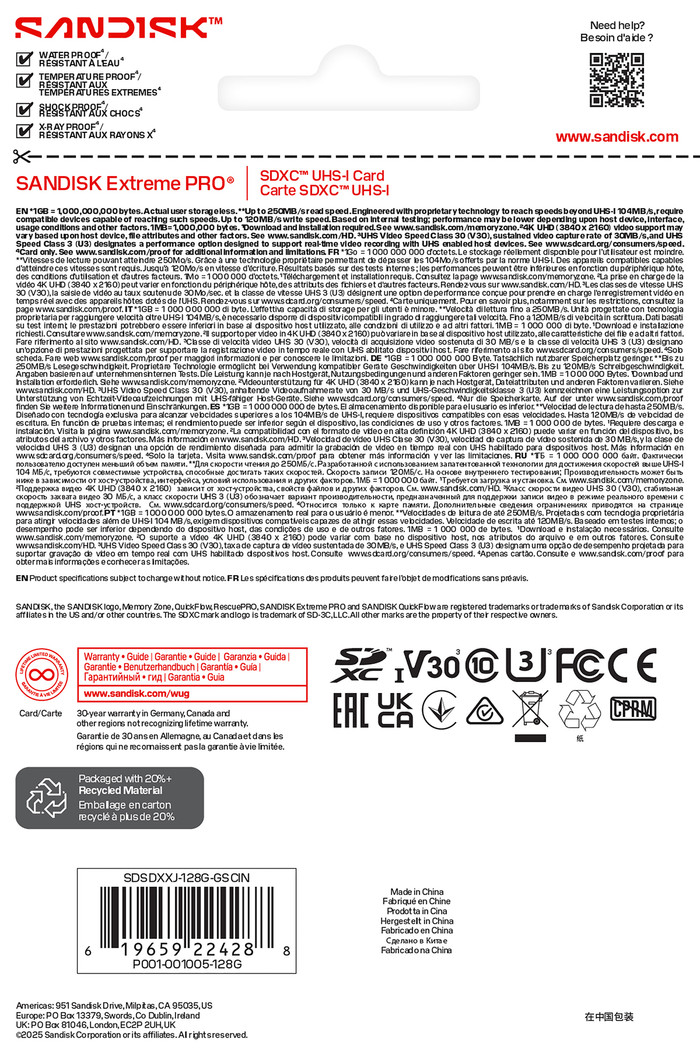 SANDISK Extreme PRO SDXC 128GB 120 MB/s verpackung
