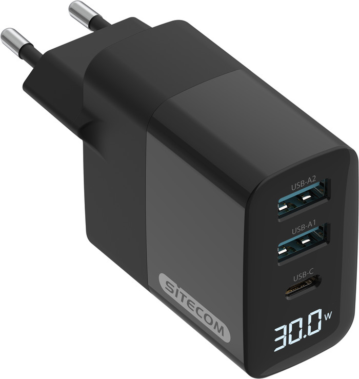 Sitecom 30W GaN Power Delivery Wall Charger with LED Display front