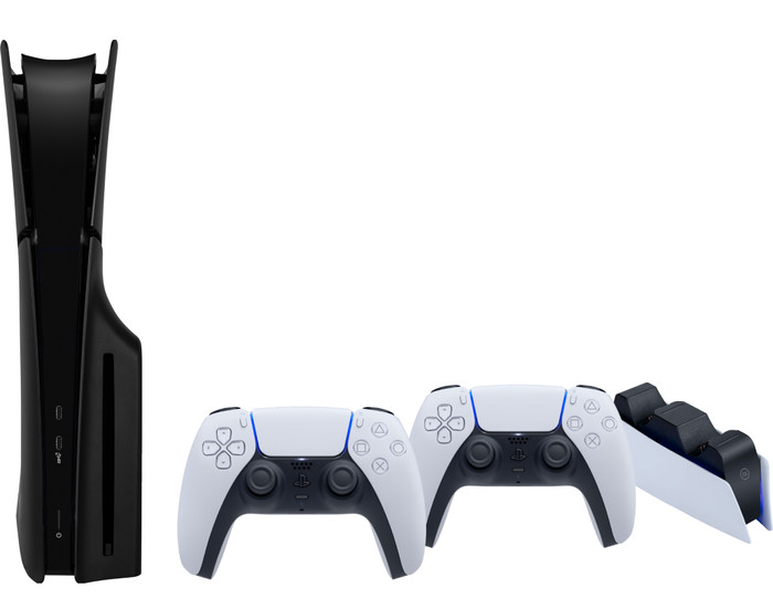 PlayStation 5 Slim mit Laufwerk + Schwarze Covers + Zusätzlicher Controller Weiß + Ladestation Main Image