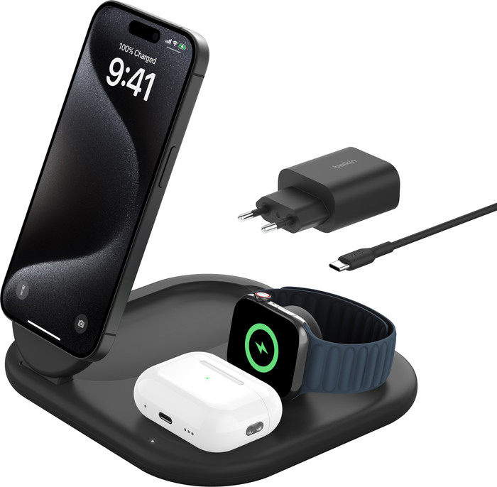 Belkin Boost Charge MagSafe and Qi2 3-in-1 Wireless Charger 15W with Stand Black accessory