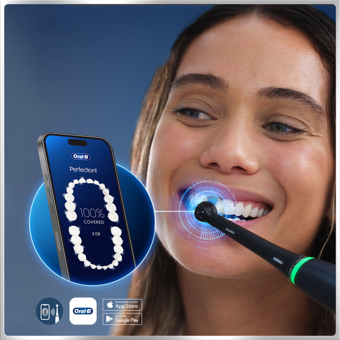 Oral-B iO 6 Black Holiday Edition with 4 brush heads product in use
