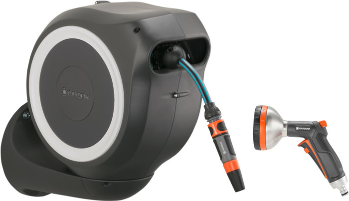 GARDENA Wall Hose Box 15 RollUp S White and Premium Spray Nozzle Main Image