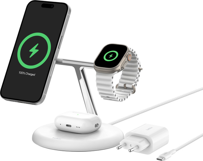 Belkin Boost Charge Pro MagSafe and Qi2 3-in-1 Wireless Charger 15W with Stand White front