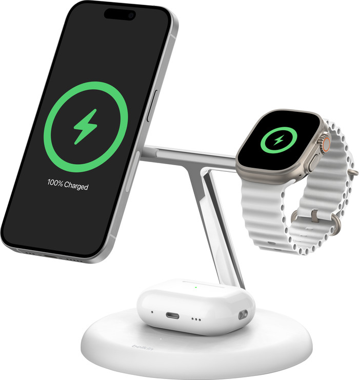 Belkin Boost Charge Pro MagSafe and Qi2 3-in-1 Wireless Charger 15W with Stand White Main Image