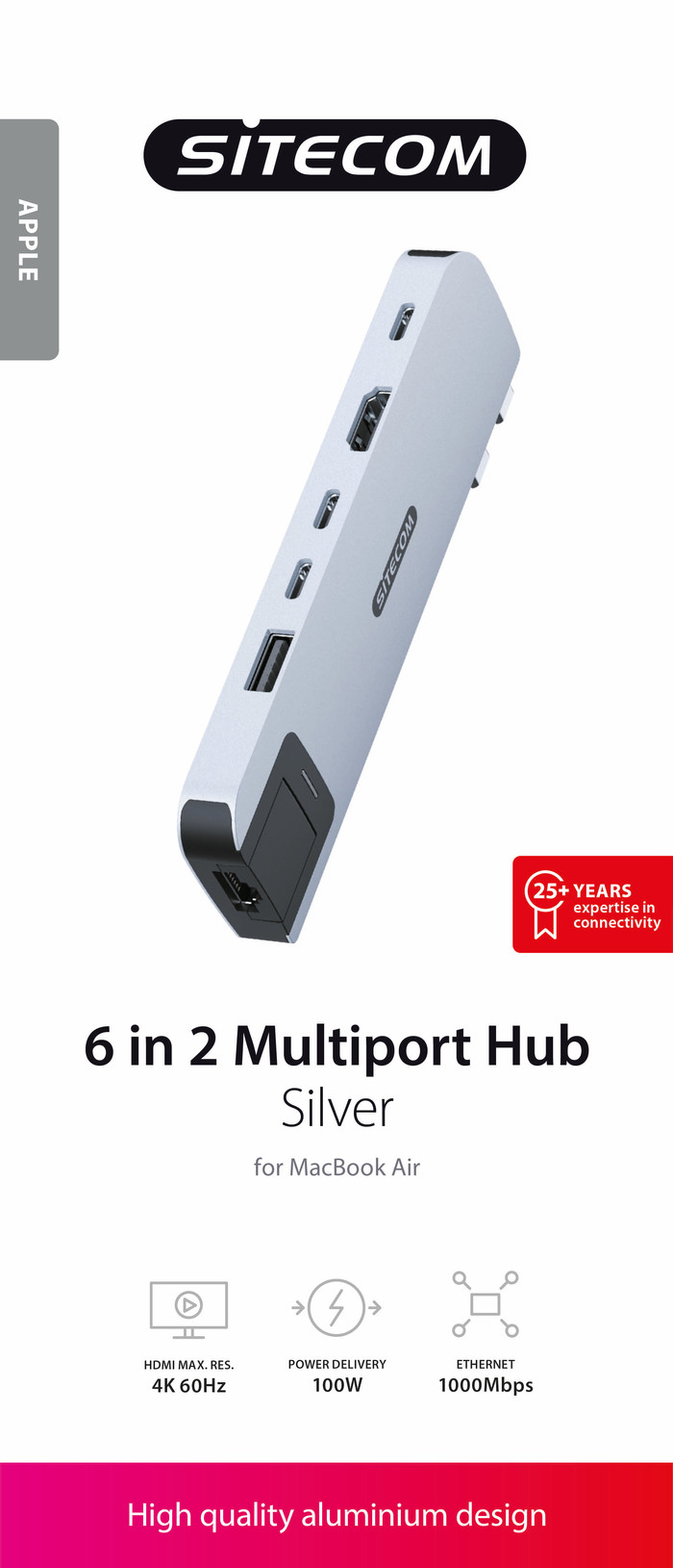 Sitecom MacBook Air Multiport Hub 6 in 2 Silver packaging
