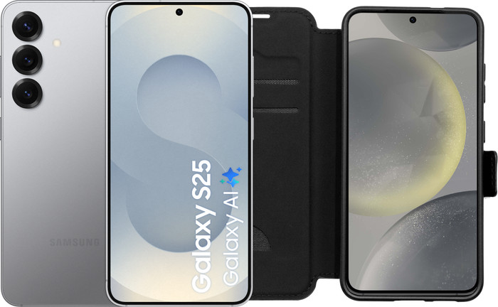 Samsung Galaxy S25 256GB Silver 5G + BlueBuilt Book Case Black Main Image