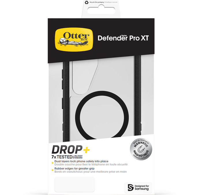 OtterBox Defender Samsung Galaxy S25 Backcover mit Magnet Transparent mit schwarzem Rand verpackung