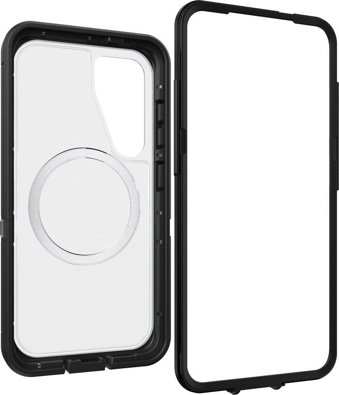 OtterBox Defender Samsung Galaxy S25 Backcover mit Magnet Transparent mit schwarzem Rand vorne