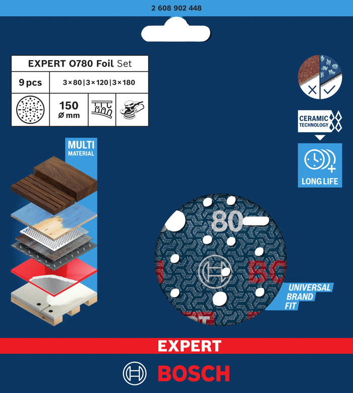 Bosch Professional EXPERT O780 150mm K80, K120, K180 (9x) packaging