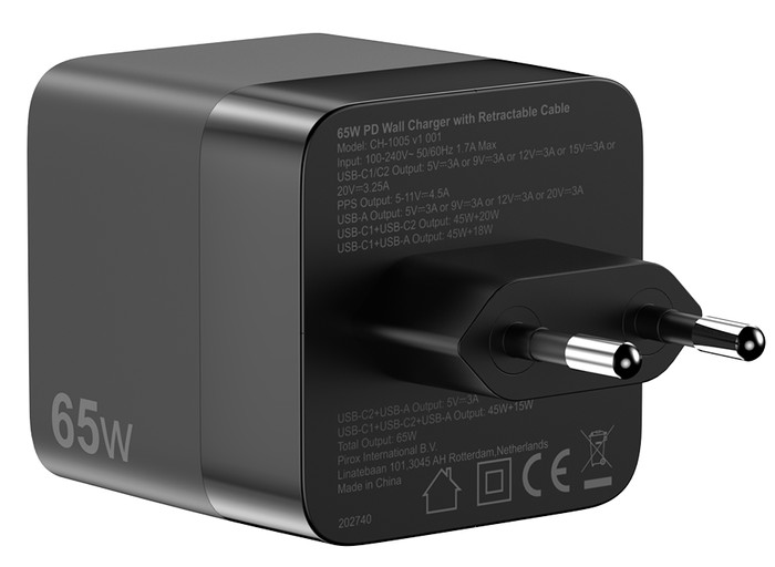 Sitecom 65W GaN Ladegerät mit ausziehbarem Kabel rückseite