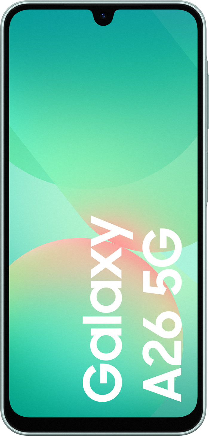 Samsung Galaxy A26 128GB Grün 5G + Samsung Ladegerät 25 Watt Schwarz vorne