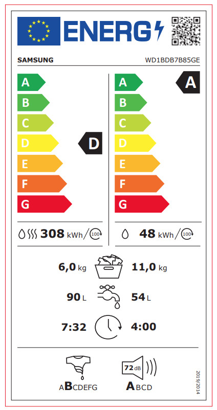 Samsung WD1BDB7B85GEU2 - 11/6kg energy label