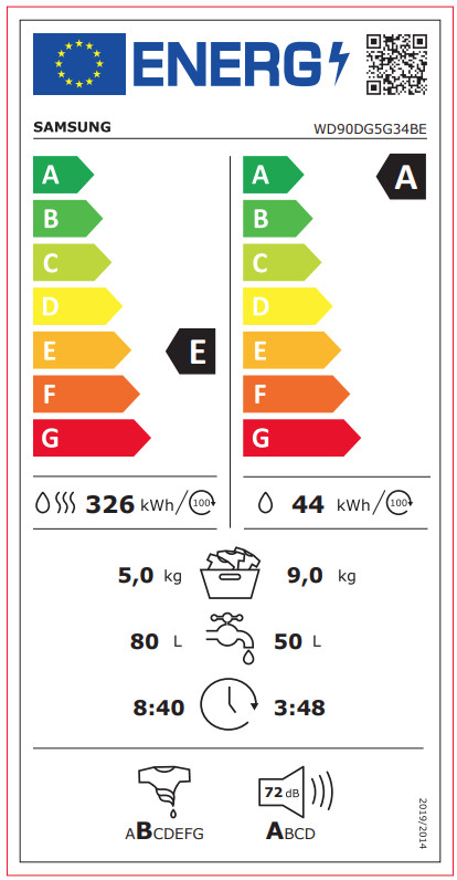 Samsung WD90DG5G34BEEG - 9/5 kg energielabel