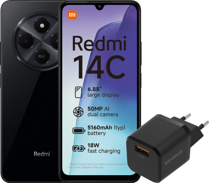 Redmi 14C 128GB Black 4G + BlueBuilt Charger with USB-A Port 18W Black Main Image