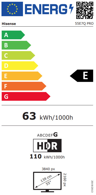 Hisense 55 inches PRO QLED E7Q (2025) energy label