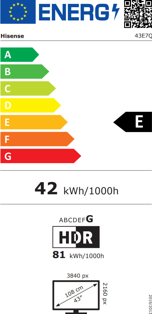 Hisense 43 inches QLED E7Q (2025) energy label