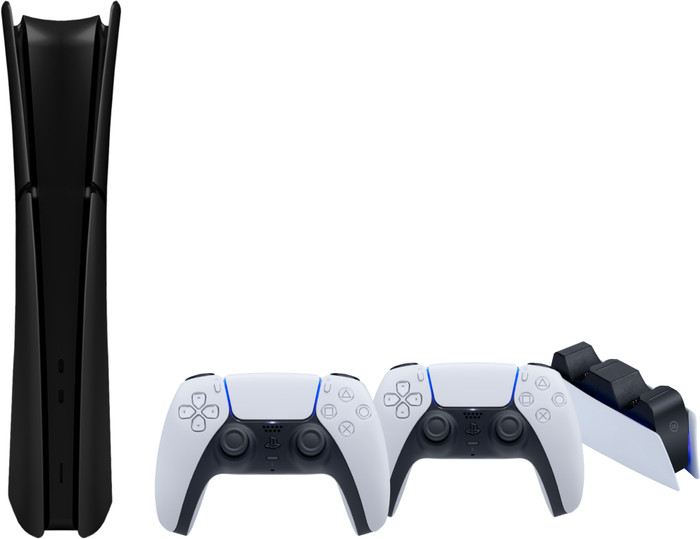 PS5 Slim Digital Edition + Covers Black + Extra Controller White + Charging Dock Main Image