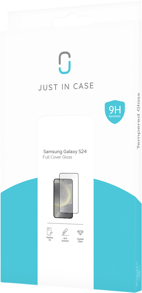 Just In Case Full Cover Samsung Galaxy S24 Screen Protector Black packaging