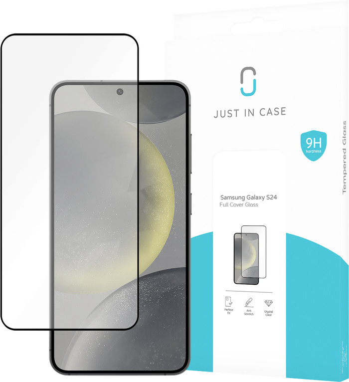 Just In Case Full Cover Samsung Galaxy S24 Screen Protector Black packaging
