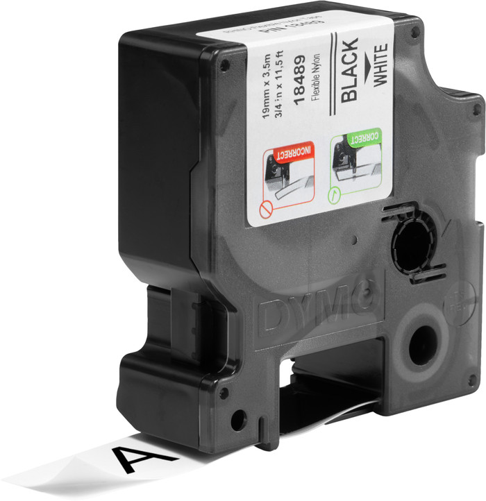 DYMO Rhino 19mm x 3.5m Black White Nylon Labels product in use