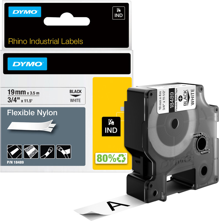 DYMO Rhino 19mm x 3.5m Black White Nylon Labels packaging