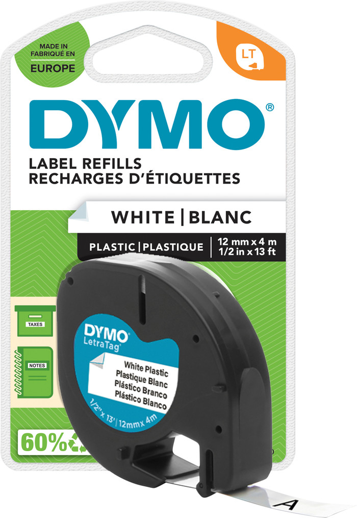 DYMO LetraTag 12mm x 4m Black White Labels packaging
