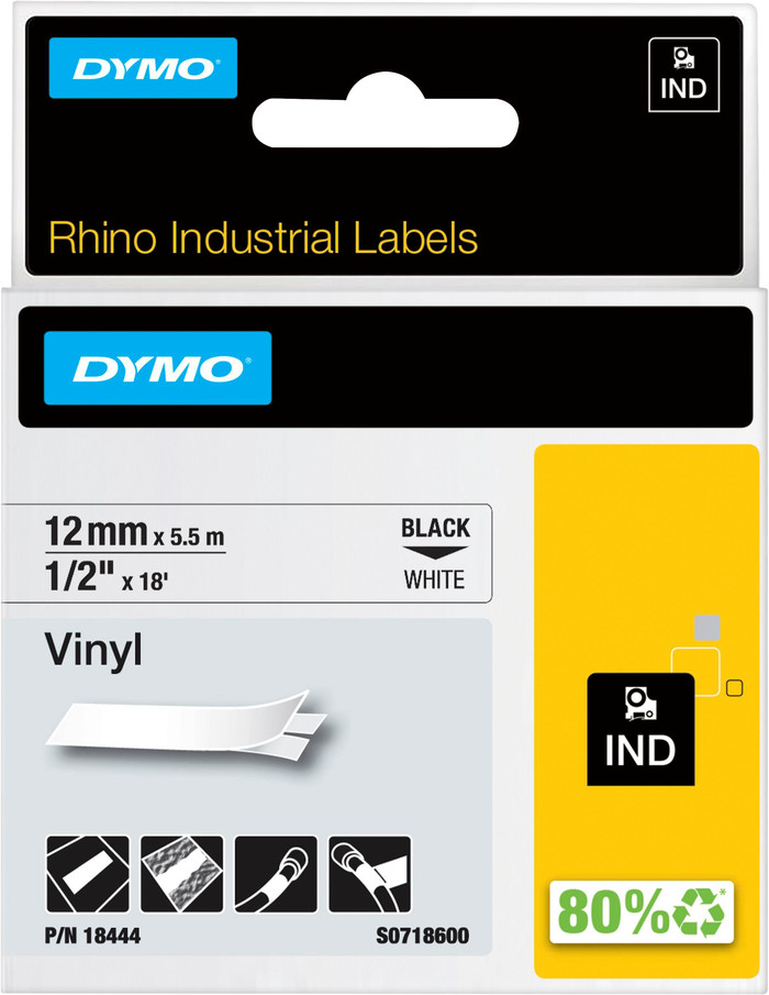 DYMO Rhino 12mm x 5.5m Black White Vinyl Labels Main Image