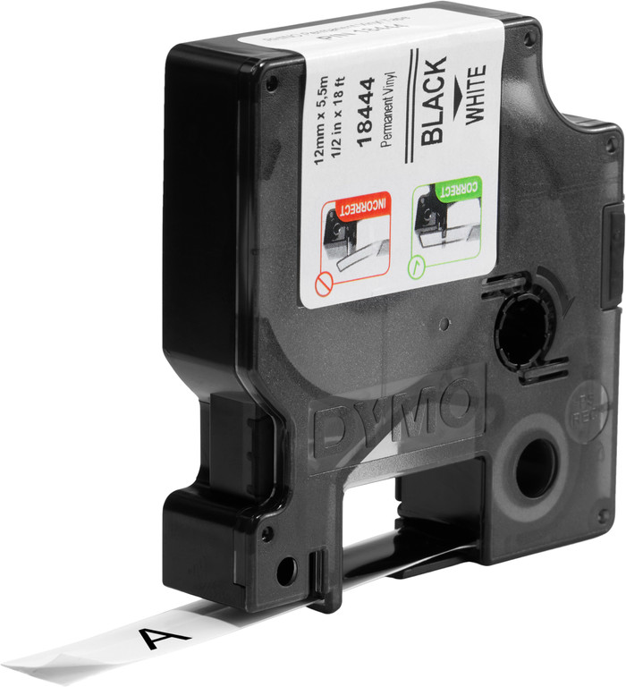 DYMO Rhino 12mm x 5.5m Black White Vinyl Labels product in use
