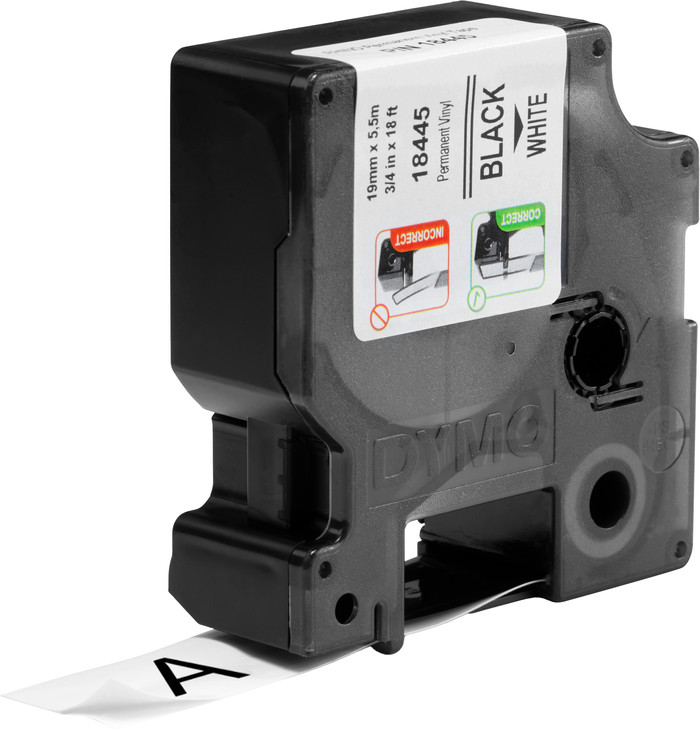 DYMO Rhino 19mm x 5.5m Black White Vinyl Labels product in use