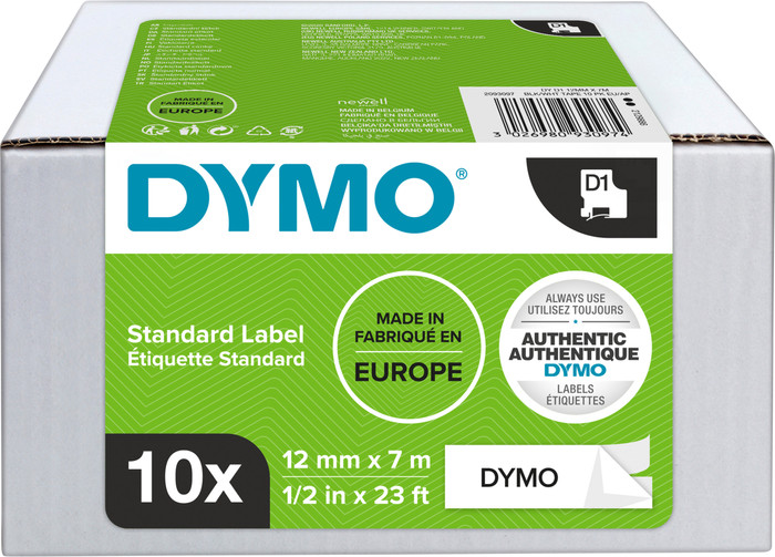 DYMO D1 12mm x 7m 10 Tapes Black White Labels Main Image