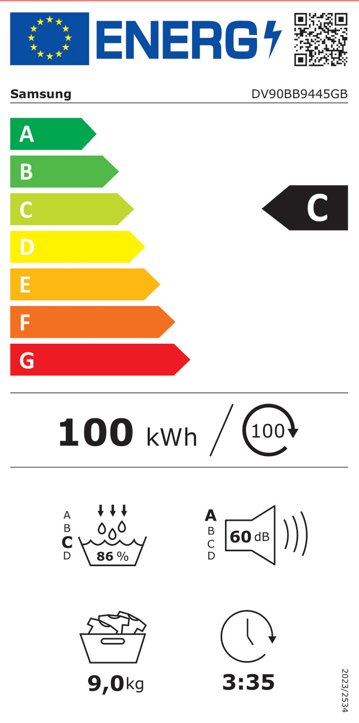 Samsung WW11DB8B95GBU2 + Samsung DV90BB9445GBS2 energy label