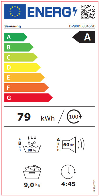 Samsung DV90DB8845GBU3 Bespoke Silent Dry energy label