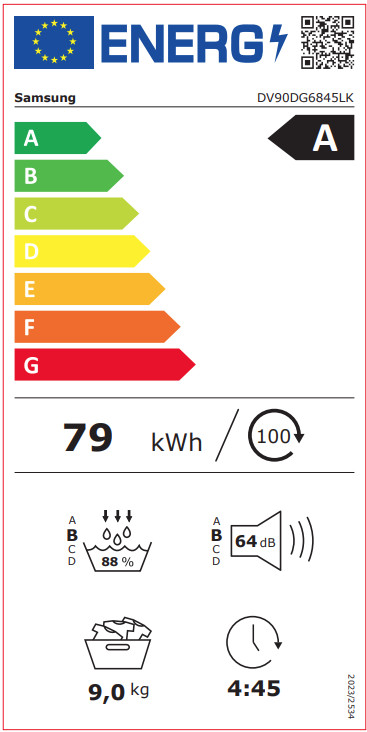 Samsung DV90DG6845LKU3 AI Dry+ energy label