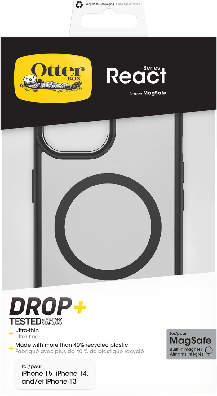 OtterBox React iPhone 15, 14, and 13 Back Cover with MagSafe Magnet Transparent Black Edge packaging