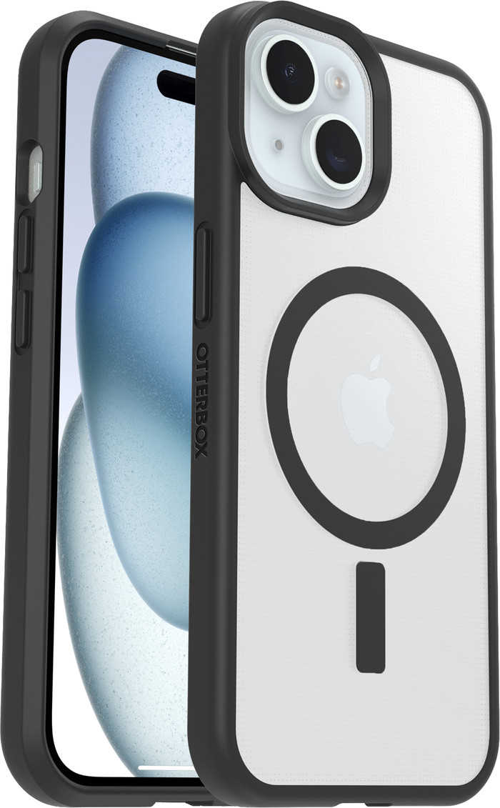 OtterBox React iPhone 15, 14, and 13 Back Cover with MagSafe Magnet Transparent Black Edge right side