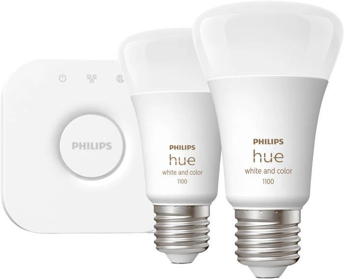 Philips Hue White & Color Starterset mit 2 Lampen + Bridge vorne