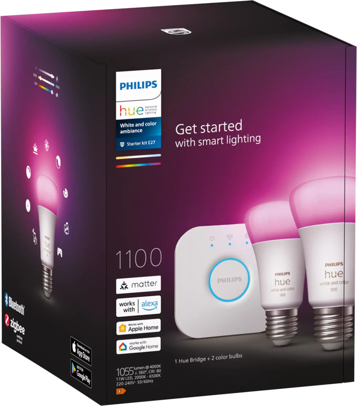 Philips Hue White & Color Starterset mit 2 Lampen + Bridge verpackung