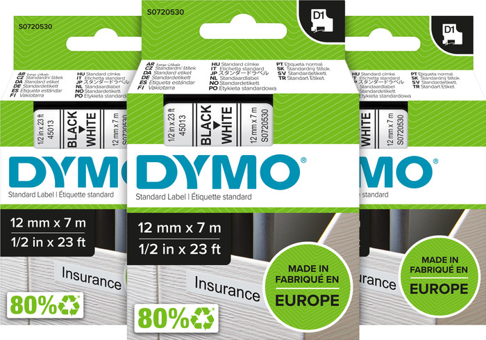 DYMO D1 12mm x 7m Black White Labels 3-pack Main Image