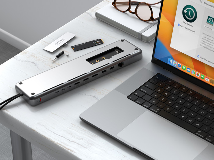 Satechi USB-C Dual Dock Stand with NVMe SSD Slot product in use
