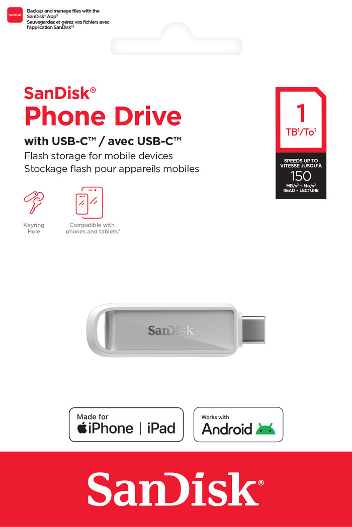 SanDisk Phone Drive USB-C 1TB Arctic White packaging