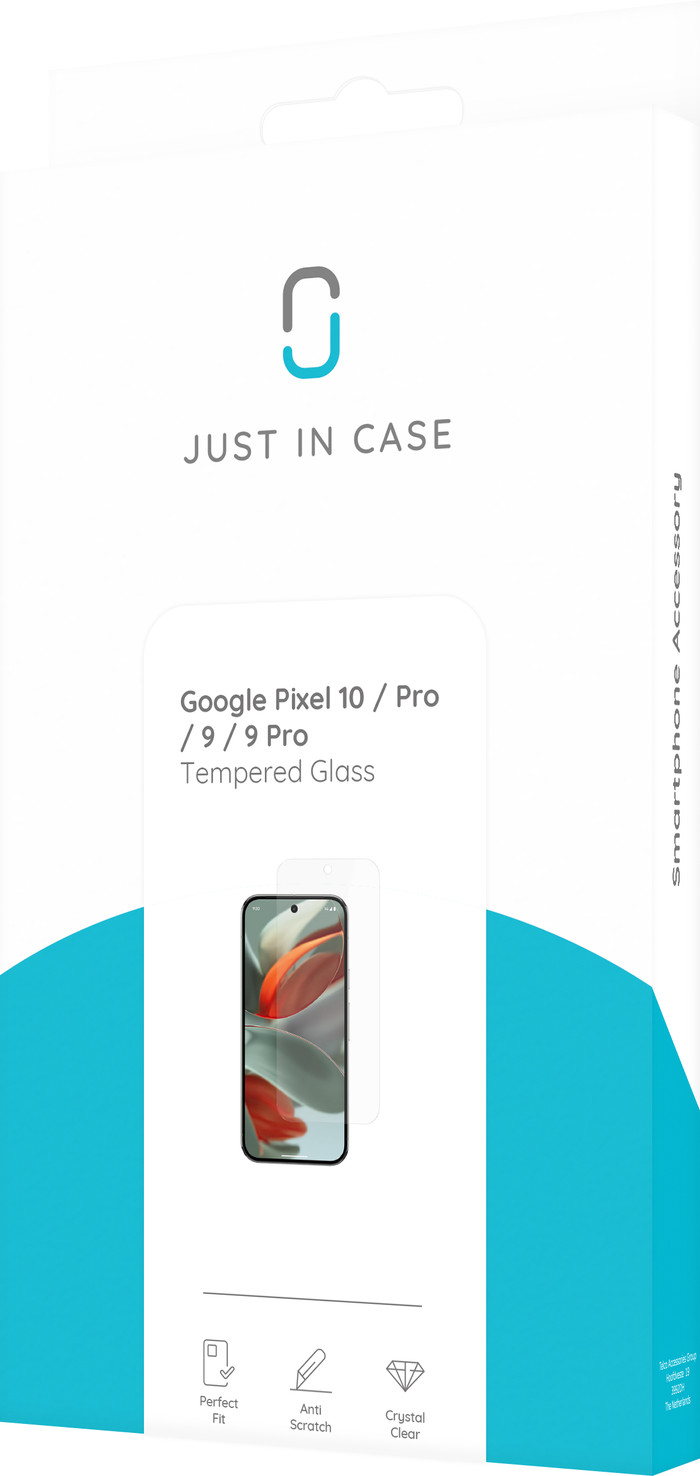 Just In Case Tempered Glass Google Pixel 10/10 Pro/9/9 Pro Screen Protector packaging